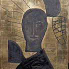 Mimmo Paladino, Autoritratto, Paladino Saladino, tecnica mista su fondo oro, cm 50 x 70. Firenze, Galleria degli Uffizi, Corridoio Vasariano