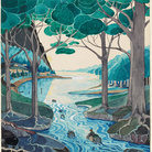 J. R. R. Tolkien, Bilbo comes to the Huts of the Raft-elves | © The Tolkien Estate Limited 1937 | Un acquerello che Tolkien dipinse come illustrazione per la prima edizione de Lo Hobbit, pubblicato nel 1937, poi incluso in numerose altre edizioni del libro. Questo era l'acquerello preferito di Tolkien, che fu deluso dal constatarne l'esclusione dalla prima edizione americana dell'opera.