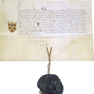 Concessione del re di Francia Luigi XI a Piero de'Medici di inserire i gigli di Francia nello stemma (maggio 1465), pergamena con sigillo, Diplomatico mediceo, Archivio di Stato di Firenze.