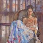 Geoffrey Humphries, Maddalena with Japanese silk, 2017, Olio su tela (Particolare), 50 x 60 cm | Courtesy of the Artist and The Osborne Studio Gallery, London