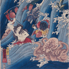 Utagawa Kuniyoshi, La principessa Tamatori ruba il sacro gioiello dal Palazzo del Drago (Ryūgū Tamatori hime no zu), 1853, Trittico di ōban, Silografia policroma (nishikie), 25.5 x 37.7 cm ciascuno, Masao Takashima Collection