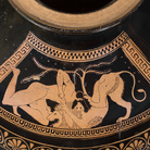Eracle atterra il leone di Nemea, Idria attica a figure rosse attribuita al Gruppo dei Pionieri, 510 a.C. circa, Altezza 40.5 cm, Antikenmuseum Basel und Sammlung Ludwig