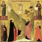 Ambrogio Lorenzetti, Adorazione di Gesù Bambino e Annuncio ai pastori, Crocifisso con i dolenti, Santi Giovanni Battista, Bartolomeo, Caterina d’Alessandria e Cecilia, 1330-1334 circa, Tempera e oro su tavola, 39.1 x 58.8 cm, Francoforte sul Meno, Städel Museum
