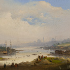 Ippolito Caffi, Costantinopoli: veduta dalle acque dolci d’Europa, 1843, Olio su cartoncino intelato, 40 x 26 cm, Firmato in basso a sinistra: Costantinopoli, veduta dall’acque dolci d’Europa. Caffi, Iscritto e datato sul retro: Costantinopoli, veduta dall’acque dolci d’Europa. Caffi 1843