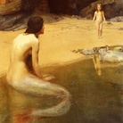 John Collier (1850 - 1934), The Land Baby, 1909, Olio su tela, Londra, Royal Academy | Nel dipinto di John Collier, genero del discepolo britannico di Darwin, Thomas Huxley, in cui una sirena osserva con stupore una bambina nuda sulla spiaggia avvicinarsi all'acqua, si intravvede un singolare connubio tra fiaba e teorie evoluzionistiche.