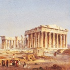 Ippolito Caffi, Il Partenone, 1843, Olio su cartoncino intelato, 78 x 46 cm, Firmato e datato: Caffi pinse l’Acropoli di Atene 1843 | Courtesy Marsilio