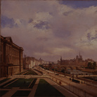 Ippolito Caffi, Parigi: veduta del palazzo del Louvre, 1855, Olio su cartone intelato, 81 x 50 cm, Firmato e datato: Caffi 1855, Parigi, Sul retro, in grafia ottocentesca: Veduta di Parigi presa dal Palazzo del Louvre 1855