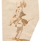 Giambattista Tiepolo, Caricatura di gentiluomo con tricorno sotto il braccio e spadino, penna e inchiostro bruno, inchiostro diluito bruno, mm 199x137. Trieste, Civico Museo Sartorio