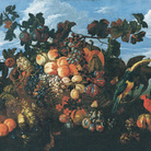 Abraham Brueghel, Grande natura morta di frutta in un paesaggio, 1670, Olio su tela, 136.5x97 cm, Collezione privata