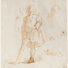 Giambattista Tiepolo, Giovane in piedi e studi di tre teste (studio per la figura di Alessandro ne La famiglia di Dario ai piedi di Alessandro), penna e inchiostro  bruno, inchiostro diluito bruno, mm 211x184. Firenze, Museo Stefano Bardini