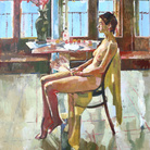 Geoffrey Humphries, Jo seated Giudecca studio, Olio su tela (Particolare) | Courtesy of the Artist and The Osborne Studio Gallery, London