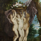 Jan Brueghel il Giovane e Frans Wouters, Le Tre Grazie con un cesto di fiori, 1635 ca., Olio su rame, 34.7x47 cm | Courtesy of Caretto & Occhinegro, Torino