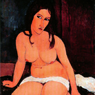 Amedeo Modigliani, Nudo accovacciato, 1917, Olio su tela, 71.5 x 114.5 cm, Anversa, Koninklijk Museum voor Schone Kunsten KMSKA | Courtesy of Palazzo Ducale, Genova 2017 © Lukas – Art in Flanders vzw, foto Hugo Maertens