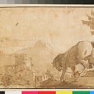 Giandomenico Tiepolo, Cavallo in un paesaggio con edifici, penna e inchiostro bruno, inchiostro diluito bruno, debole traccia di grafite, mm 190x265. Venezia, Fondazione Giorgio Cini, Collezione Fiocco