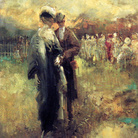 Pompeo Mariani, Attenti alle pozzanghere, 1904-1908. Olio su carta rintelata, 126,5 x 73,5 cm