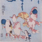 Utagawa Kuniyoshi, Composizione di pesci rossi che cantano “bonbon” (Kingyo zukushi bonbon), Circa 1842, Silografia policroma (nishikie), 17. x 23.23 cm, Masao Takashima Collection