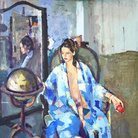 Geoffrey Humphries, Blue Kimono and Apple, 2017, Olio su tela (Particolare), 70 x 75 cm
