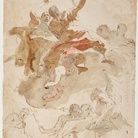 Giambattista Tiepolo, L’Olimpo, penna e inchiostro bruno, inchiostro diluito bruno, con tracce di pietra rossa e tempere verde-azzurra e rossa, mm 357x265. Firenze, Museo Stefano Bardini
