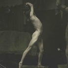Finnish Olympic discus thrower Armas Rudolf Taipale (1890–1976) poses in the Paris studio of Kostas Dimitriadis for the sculpture,Finnish Discus Thrower About 1924 Unrecorded photographer, Black and white photograph, Dimitriadis archive, Hellenic Literary and Historical Archive / National Bank of Greece Cultural Foundation Foundation