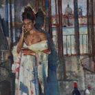 Geoffrey Humphries, Kimono and Red Wine, Giudecca Studio, Olio su tela (Particolare), 70 x 100 cm | Courtesy of the Artist and The Osborne Studio Gallery, London