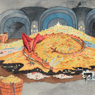 J. R. R. Tolkien, Conversation with Smaug | © The Tolkien Estate Limited 1937 | Un acquerello dipinto da Tolkien nel 1937 come illustrazione per la prima edizione americana de Lo Hobbit. In questa immagine, Bilbo Baggins, reso invisibile da un anello magico, dialoga con il drago sputafuoco, Smaug.