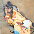 Geoffrey Humphries, Eleonora in Kimono with Fan, Olio su tela (Particolare), 55 x 70 cm | Courtesy of the Artist and The Osborne Studio Gallery, London