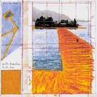 Christo e Jeanne-Claude, The Floating Piers (Progetto per il Lago d'Iseo, Italy) 2014, Collage 2015, 43.2 x 55.9 cm, Matita, pastello a cera, smalto, fotografia di Wolfgang Volz, dati tecnici e tessuto | Foto di André Grossmann © Christo 2014