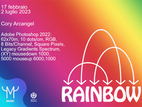 mostra Cory Arcangel. Adobe Photoshop 2022: 62x70m, 10 dots/cm, RGB, 8 Bits/Channel, Square Pixels, Legacy Gradients Spectrum, (XY) mousedown 1000,5000 mouseup 6000,1000 - Cory Arcangel