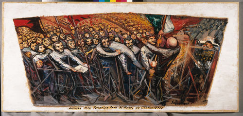 David Alfaro Siqueiros, Primera nota temática para el mural de Chapultepec, ca. 1956-57. Piroxilina sobre papel sobre madera comprimida, Obra 77 x 170 cm., Marco 184 x 90.5 x 5.5 cm. Museo de Arte Carrillo Gil  