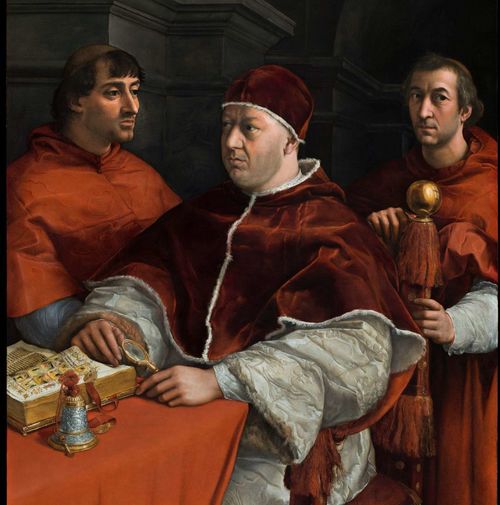 Raffaello Sanzio, Ritratto di Leone X tra i cardinali Giulio de’ Medici e Luigi de’ Rossi, 1912, olio su tavola. Galleria Palatina, Galleria egli Uffizi ed Appartamenti Reali. Inv. 40, Palatina. Il dipinto dopo il restauro
