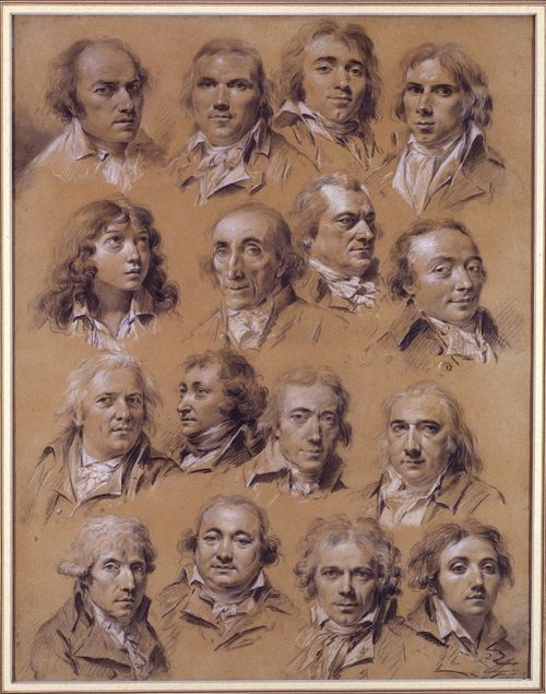 Louis L&eacute;opold Boilly,<em> Ritratti di sedici uomini</em>, Matita nera e rialzi di bianco su carta beige (originariamente azzurra), 45.5 x 57.5 cm, Parigi, Collezione Prat