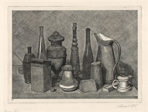 Giorgio Morandi, <em>Grande natura morta con lampada a destra</em>, 1928, Acquaforte, 459 x 321 mm, Civica Raccolta delle Stampe &ldquo;A. Bertarelli&rdquo;, Milano
