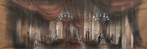Dante Ferretti, <em>Interni Turpin Parlor</em> per <em>Sweeney Todd - Il diabolico barbiere di Fleet Street</em> di Tim Burton, 2007. Tecnica mista gessetti/carboncini, cm 60x168