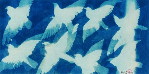 Zhang Dali, Pigeons Cyanotype on Cotton, 134.5X67 cm., 2014