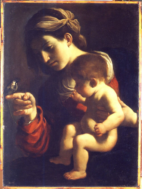 Guercino, La Madonna col Bambino (La Madonna del passero). Bologna, Pinacoteca Nazionale (lascito Denis Mahon) cm 78,5 x 58. Olio su tela.