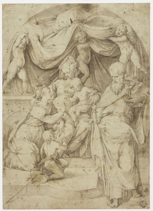 Giorgio Vasari, Matrimonio mistico di Santa Caterina. Penna e inchiostro, pennello e inchiostro diluito. Firenze, Gabinetto dei Disegni e delle Stampe delle Gallerie degli Uffizi