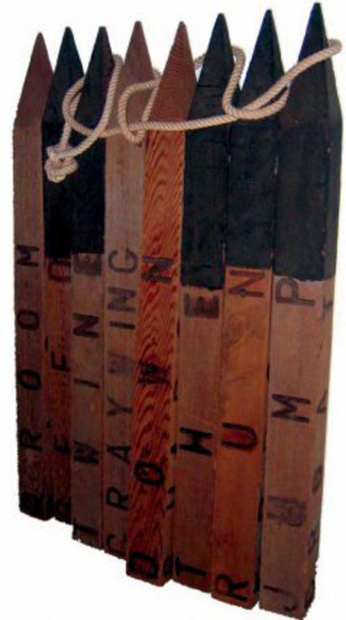 Joe Tilson, Stake poem, 1971, legni di cedro rosso, 122x80x10 cm, collezione privata