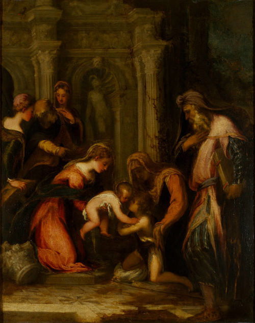 Andrea Meldolla, detto Schiavone “Vergine e Bambino, San Giovannino e Santi Zaccaria, Elisabetta, Giuseppe, Caterina e una santa” Olio su tela, cm 155 x 129, Lent from the Government Art Collection 