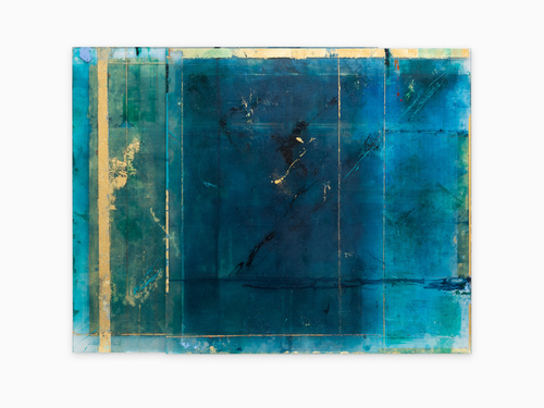 Antonello Viola,<em>&nbsp;Isola di SANTO SPIRITO &ndash; Blu ultramarine</em>, indaco e giallo di Napoli chiaro, 2023-24. Olio, matita e foglia d'oro su vetro, 2 elementi, 70 x 110 cm. Courtesy Galleria Alessandro Casciaro, Bolzano | Venezia