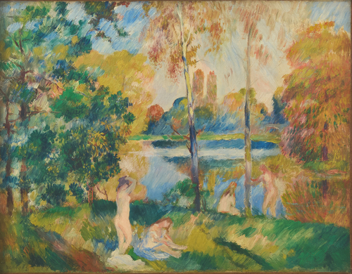 Pierre Auguste Renoir, Paesaggio fluviale con bagnanti, 1885 ca., olio su tela, 32,5x41 cm. Collezione Scharf