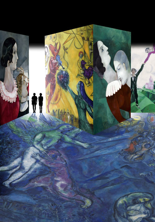 Chagall.<em> Sogno di una Notte di Mezza Estate</em>,<em> Gli amanti in grigio</em>, 1916-1917, Olio su carta, Paris, Mus&eacute;e d'Art et d'Histoire du Juda&iuml;sme | Photo &copy; Centre Pompidou - Grand Palais | Foto Centre Pompidou &copy; Chagall &reg; | <em>Gli amanti in verde</em>, 1916-1917, Olio su tela, Nizza, Mus&eacute;e National Marc Chagall | Foto &copy; Grand Palais (Mus&eacute;e Marc Chagall) | G&eacute;rard Blot &copy; Chagall &reg; | By SIAE 2017