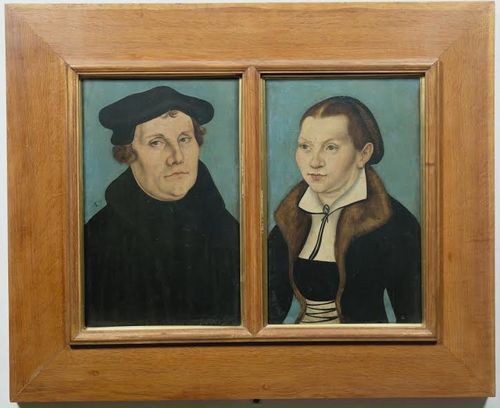 Lukas Cranach il Vecchio, Ritratti di Martin Lutero e Caterina von Bora, 1529, olio su tavola. Firenze, Gallerie degli Uffizi, Galleria delle Statue e delle Pitture<br />