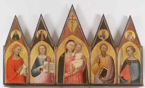 Allegretto Nuzi, Pentittico Madonna col bambino, Santa Maria Maddalena, San Giovanni Evangelista, San Venanzio "Fabriano, Pinacoteca civica “Bruno Molajoli”, tempera su tavola, cm. 118 x 200
