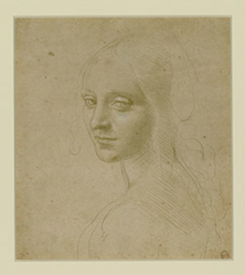 Leonardo da Vinci, <em>Volto di fanciulla (studio per l&rsquo;angelo della Vergine delle rocce)</em>, 1478-1485 circa, Punta metallica e lumeggiature di biacca su carta preparata, 18.2 &times; 16 cm
