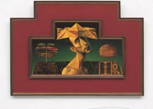Hausner Rudolf, Der kleine Narrenhut (The Little Fool`s Cap), Tempera-Harzölfarbe auf Papier, montiert auf Hartfaserplatte Jahr, 1963, 31 x 50,5 cm