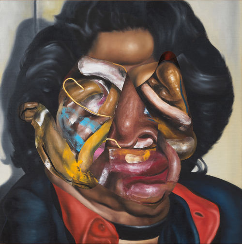 Nathaniel Mary Quinn, Mama, Joe, and James Brown , 2023. Oil paint, oil pastel, soft pastel, gouache on linen canvas stretched over wood panel, 91.4x91.4 cm. Courtesy Gagosian I Ph. Rob McKeever Courtesy Gagosian