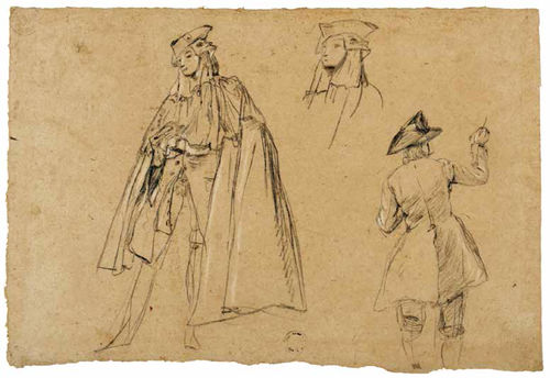 Pietro Longhi (1701 - 1785), <em>Pittore al cavalletto; due gentiluomini in bauta</em>, Carboncino e gessetto bianco, 300 x 440 mm, Inv. Cl. III, n. 437 | Provenienza: Teodoro Correr, 1830