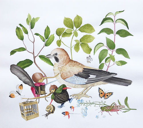 Angelo Maisto, Gli uccellatori, 2018, acquerello su carta Arches