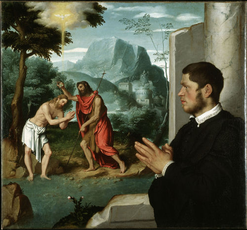 Giovan Battista Moroni, Devoto in contemplazione del battesimo di Cristo, 1555 circa. Olio su tela, 104,5 x 112,5 cm. Collezione Gerolamo e Roberta Etro