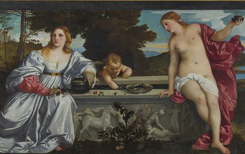 Tiziano, Amor Sacro e Amor Profano, 1514 circa, olio su tela, cm. 118 x 278. Galleria Borghese, Roma  